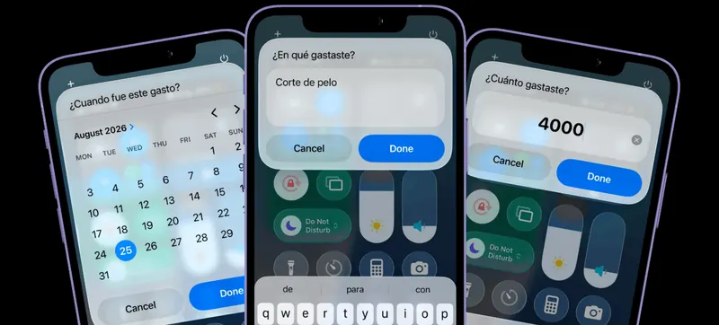 Tres iPhones mostrando el atajo Toque: ¿En qué gastaste?, ¿Cuándo fue este gasto? y ¿Cuánto gastaste?